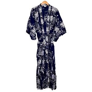 Vintage Women's Ichiban Kimono 60" Inch Blue Japan White Floral Cotton Robe